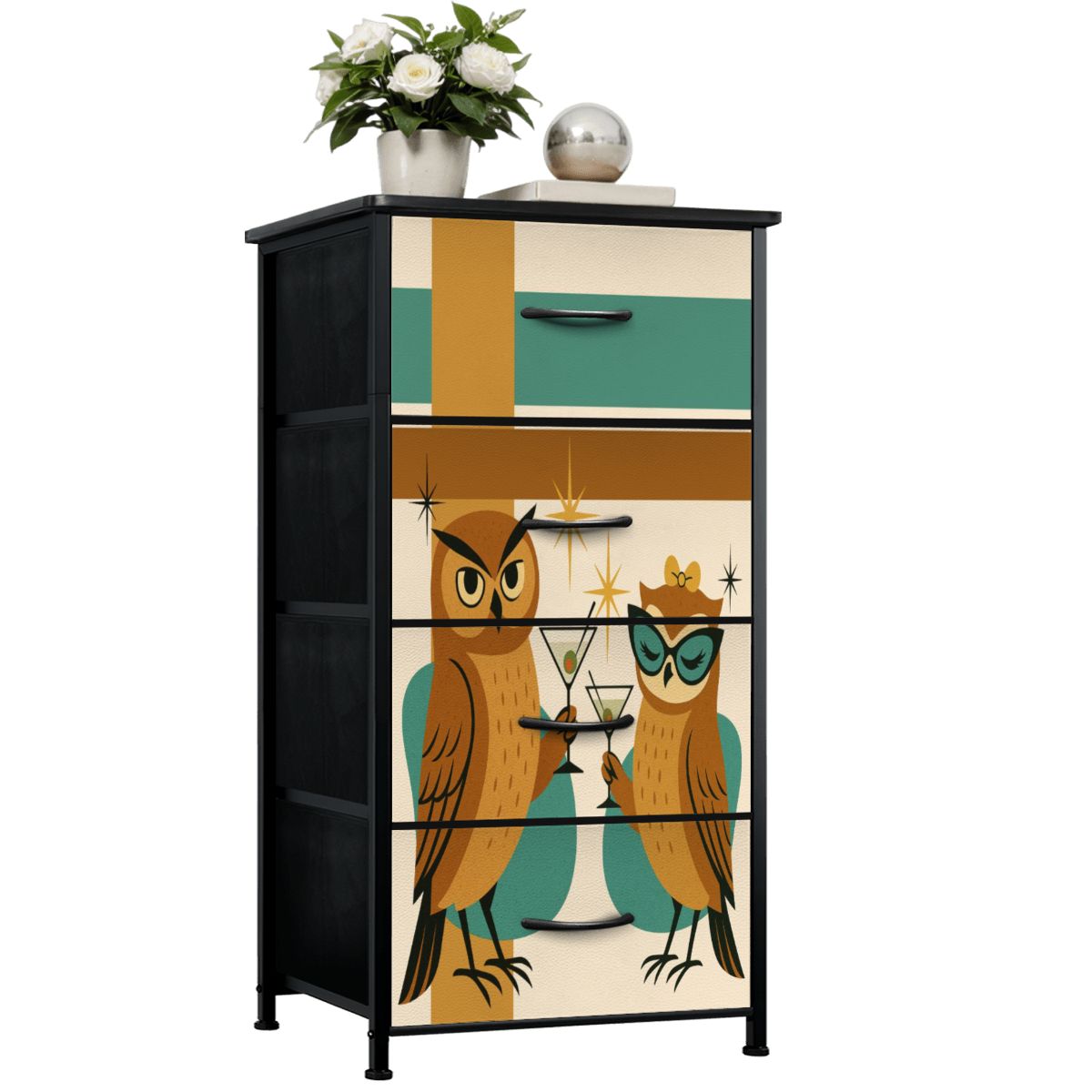 Mid Century Modern 70s Owls Kitschy Martini Time 4-Drawer Dresser - Mid Century Modern Gal