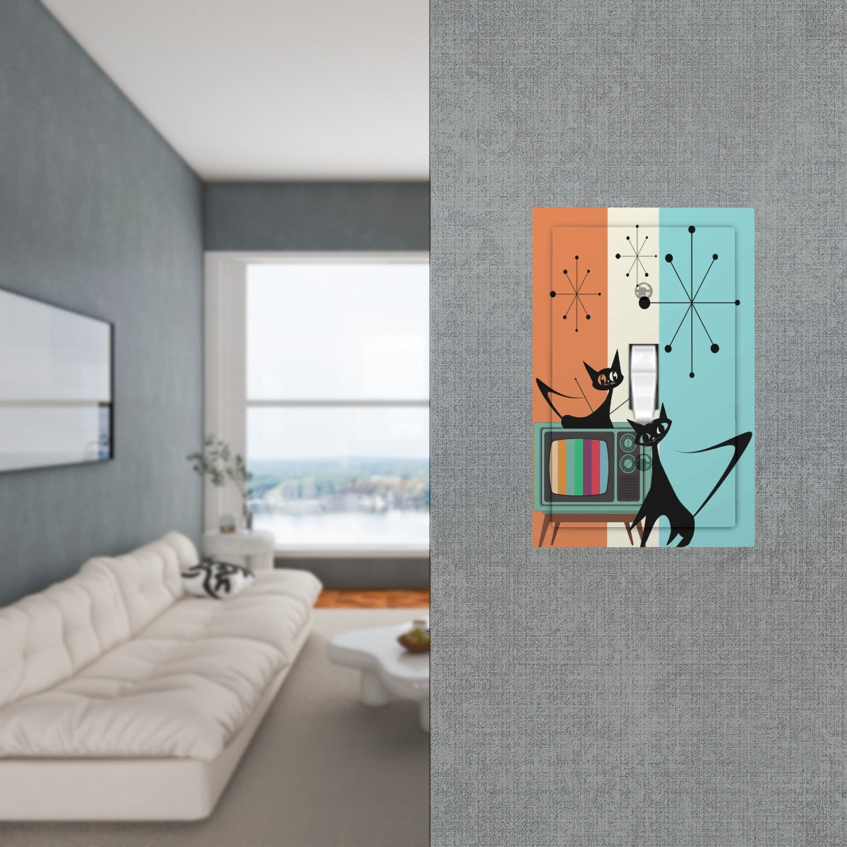 Atomic Cats Mid Century Modern Orange Aqua Kitschy Mod Wall Toggle - Mid Century Modern Gal