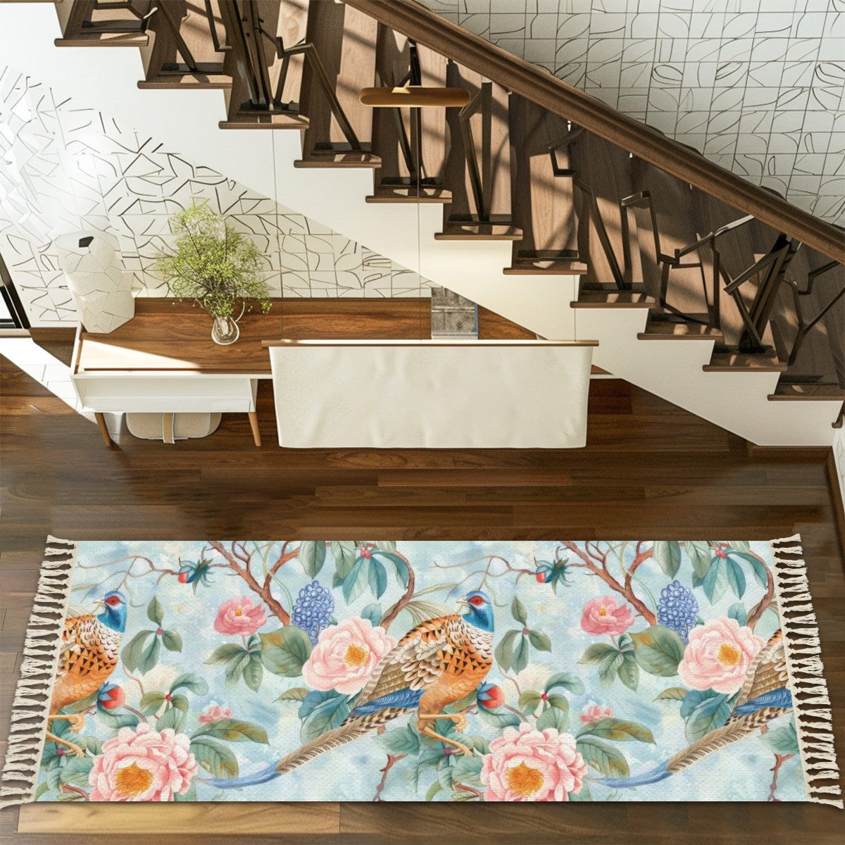 Chinoiserie Floral Pheasant Modern Runner Rug With Tassel Edges - Mid Century Modern Gal