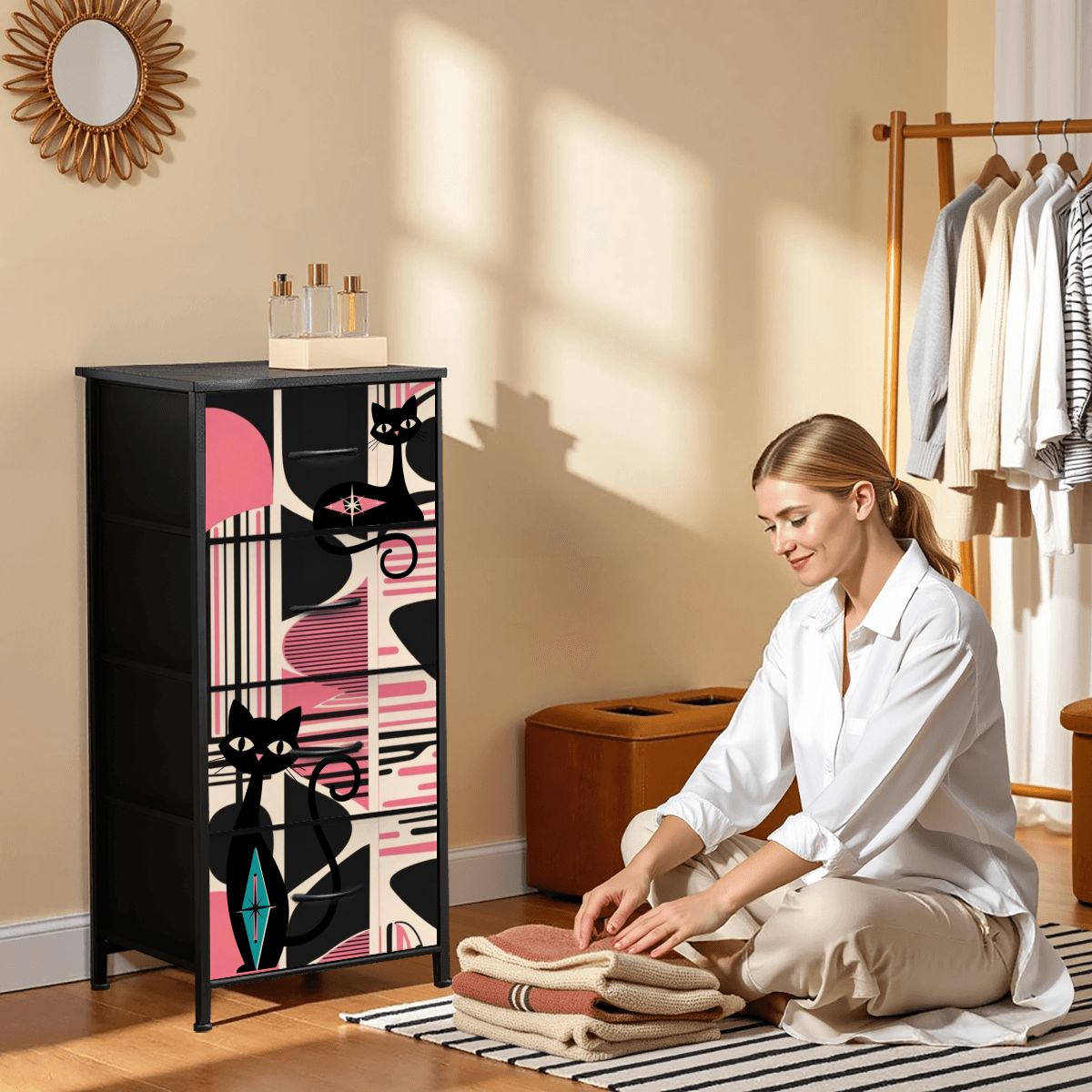 Mid Century Modern Black, Pink Atomic Cats Mid Mod 4-Drawer Dresser - Mid Century Modern Gal