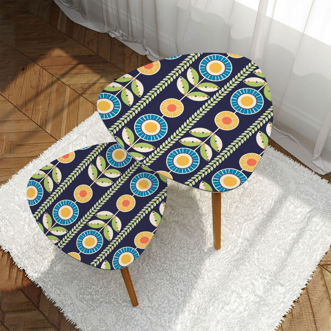Modern Scandinavian Flower Blue, Orange Yellow Green Mid Century Modern Nesting Tables - Mid Century Modern Gal