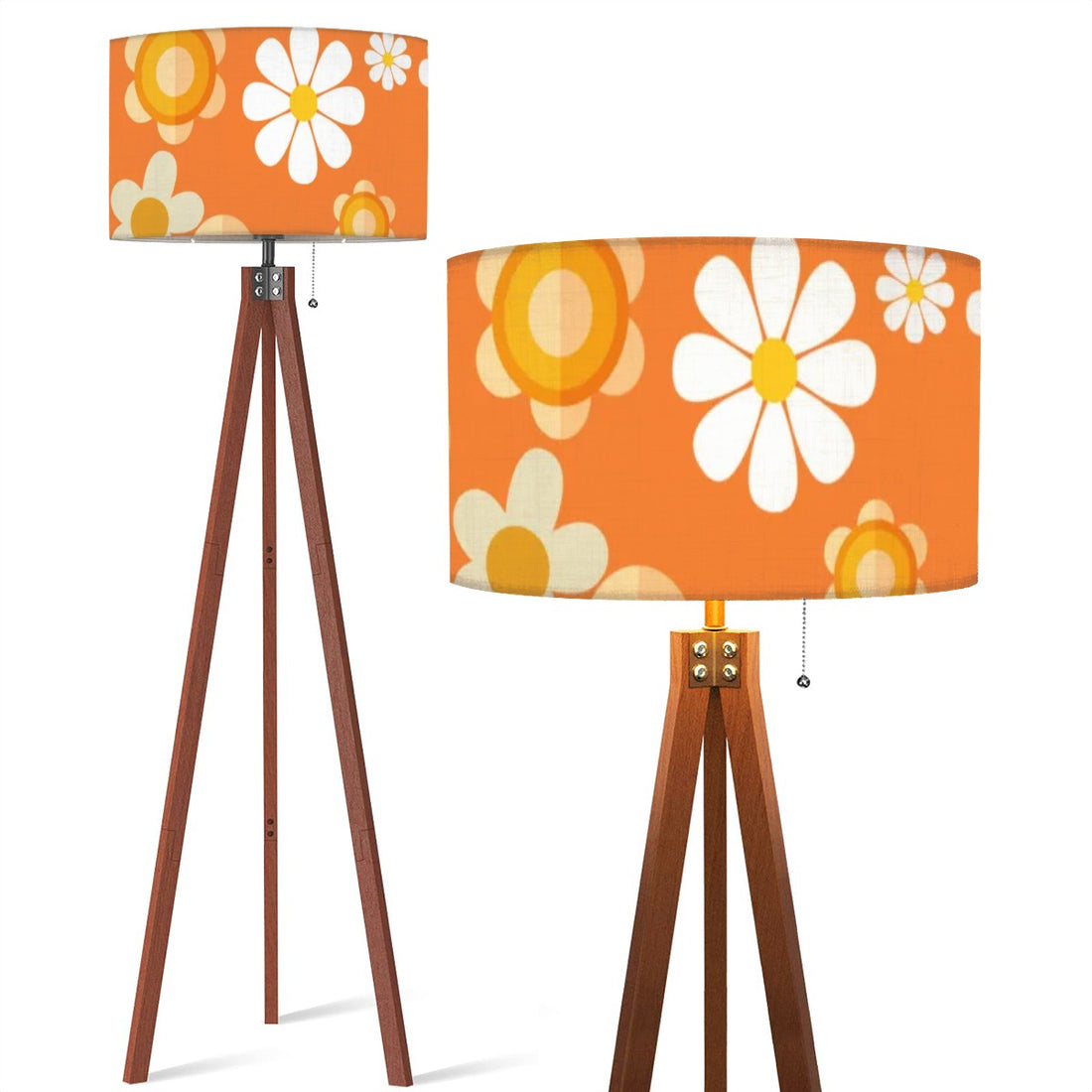 1970s Flower Power Retro Orange White Mod Daisy Tripod Floor Lamp