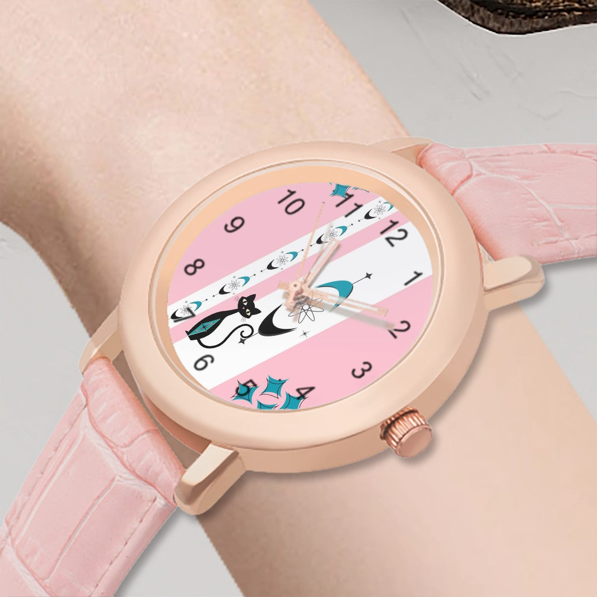 Pink Atomic Retro Cat, Kitschy Mod Watch For Women - Mid Century Modern Gal