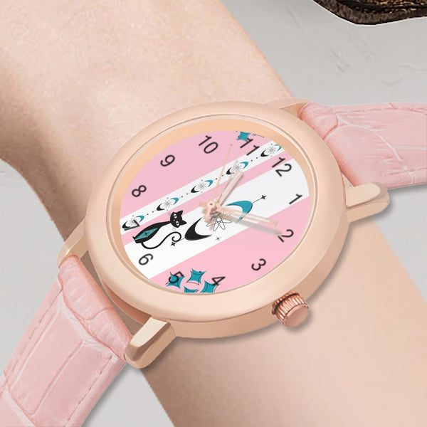 Pink Atomic Retro Cat, Kitschy Mod Watch For Women