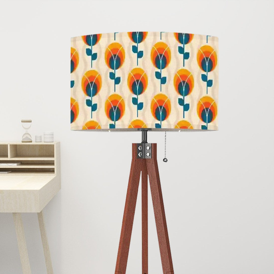 Mid Century Modern Scandinavian Flower, Orange Blue, Retro Tripod Floor Lamp - Mid Century Modern Gal