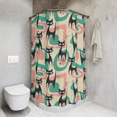 Atomic Kittie Cat, Mid Century Modern Mint Green Coral Pink Shower Curtain - Mid Century Modern Gal