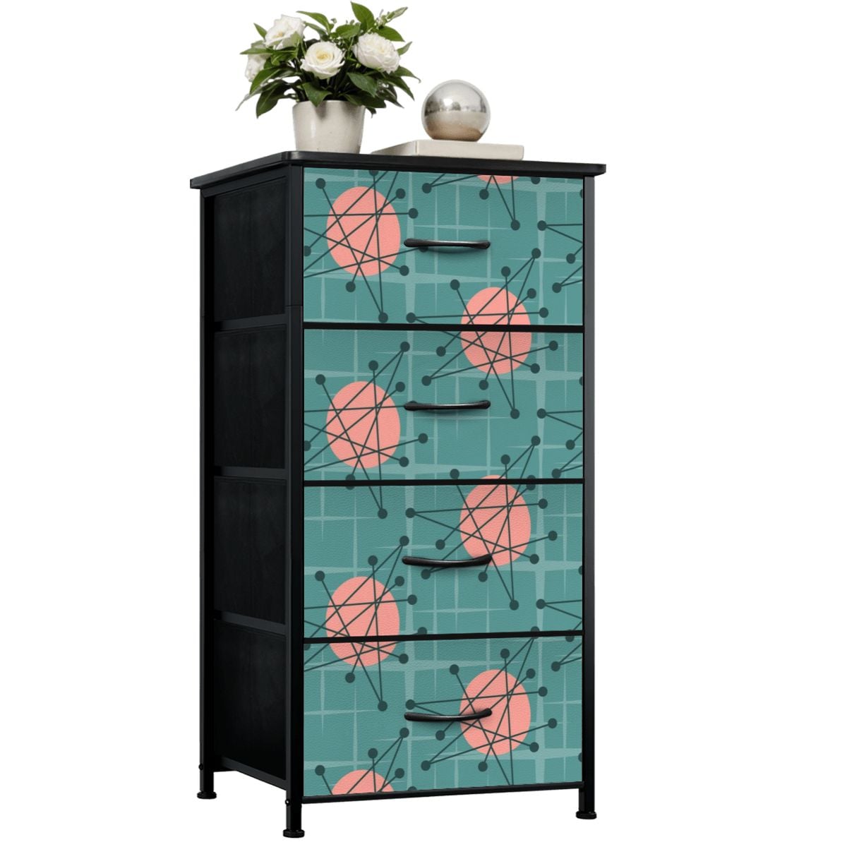 Mid Century Modern Atomic Starburst Teal Pink 4-Drawer Dresser - Mid Century Modern Gal