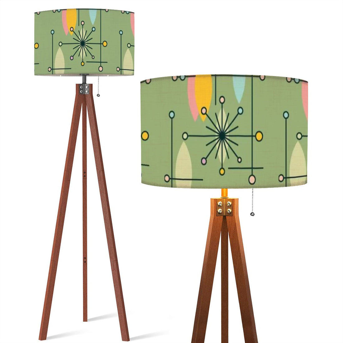 Mid Century Modern Tripod Floor Lamp Green Linen Shade Atomic Starburst Pattern (Made in USA) - Mid Century Modern Gal