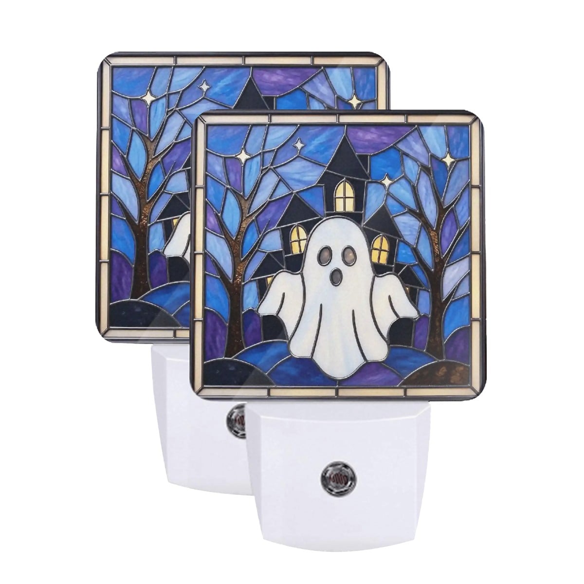 Halloween Stained Glass Style Ghost Haunted House LED Night Light Set of 2