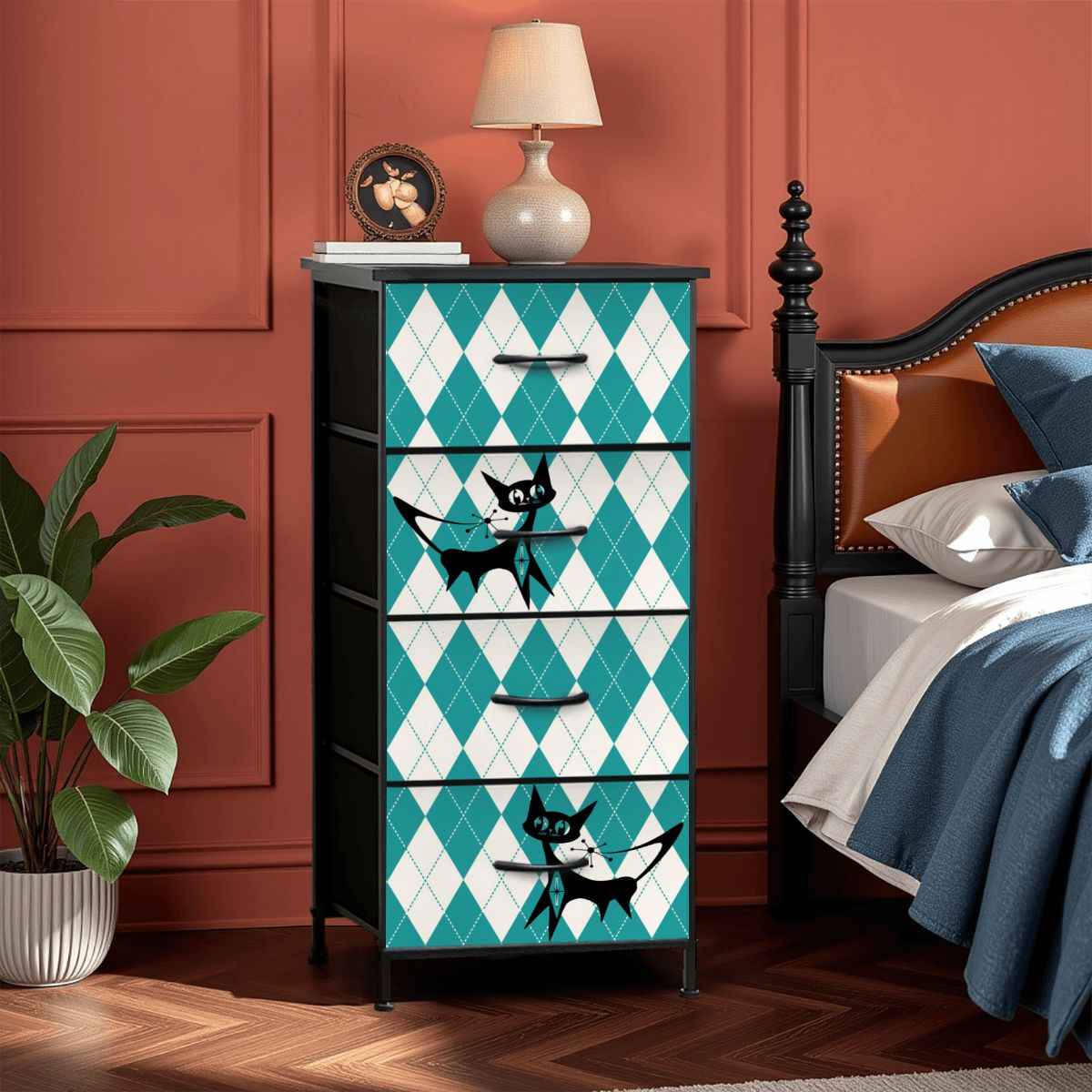 Retro Mid Century Modern Atomic Kitschy Cats, Argyle Pattern Mod 4-Drawer Dresser - Mid Century Modern Gal