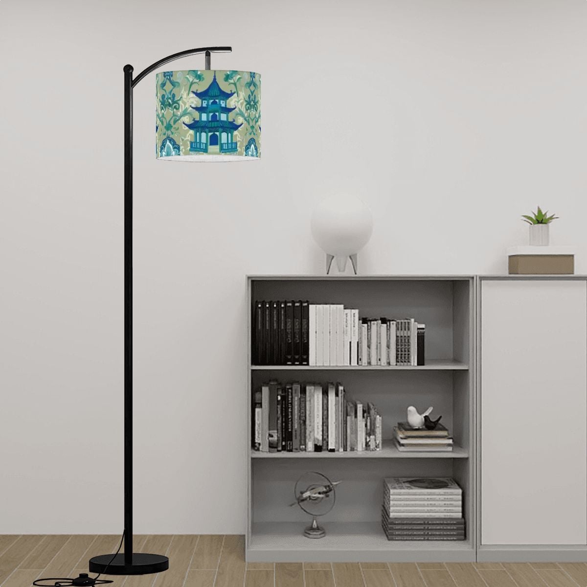 Chinoiserie Pagoda Lamp, Blue, Green Floral Designed Lamp SHADE ONLY - For Arc Floor Lamps Only - Mid Century Modern Gal