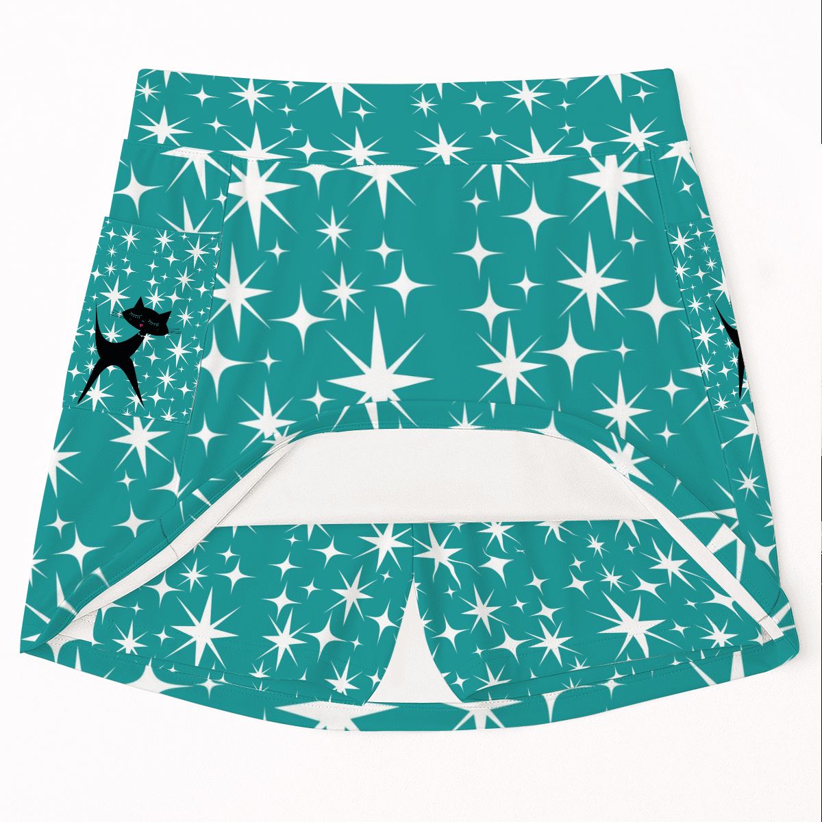 Retro Kitsch Atomic Cat, Aqua Blue Starburst Mod Women's Tennis Skort With Pockets - Mid Century Modern Gal