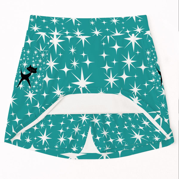 Retro Kitsch Atomic Cat, Aqua Blue Starburst Mod Women's Tennis Skort With Pockets