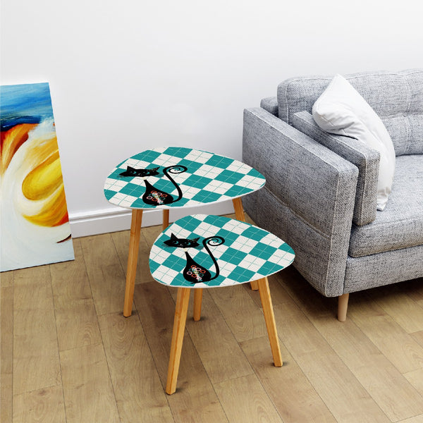 Atomic Cat Retro Mid Mod Nesting Tables, Argyle Teal Diamond MCM Home Decor
