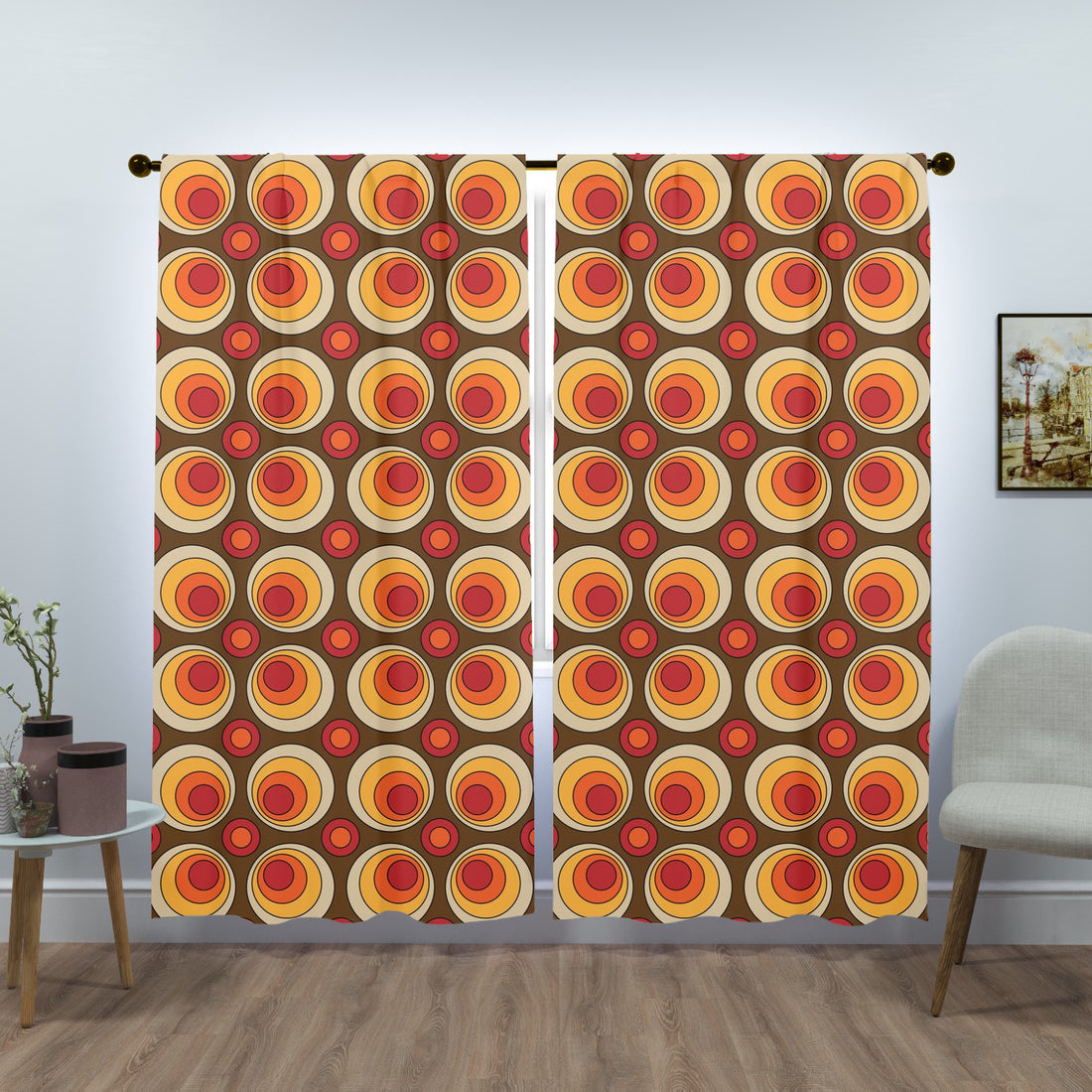 Mid Century Modern Groovy Orbs, Brown Yellow, Orange, Retro Window Curtains (two panels) - Mid Century Modern Gal