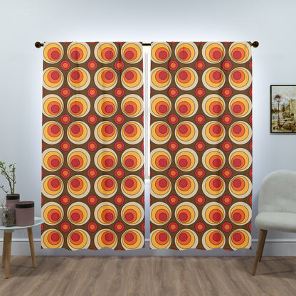 Mid Century Modern Groovy Orbs, Brown Yellow, Orange, Retro Window Curtains (two panels) - Mid Century Modern Gal