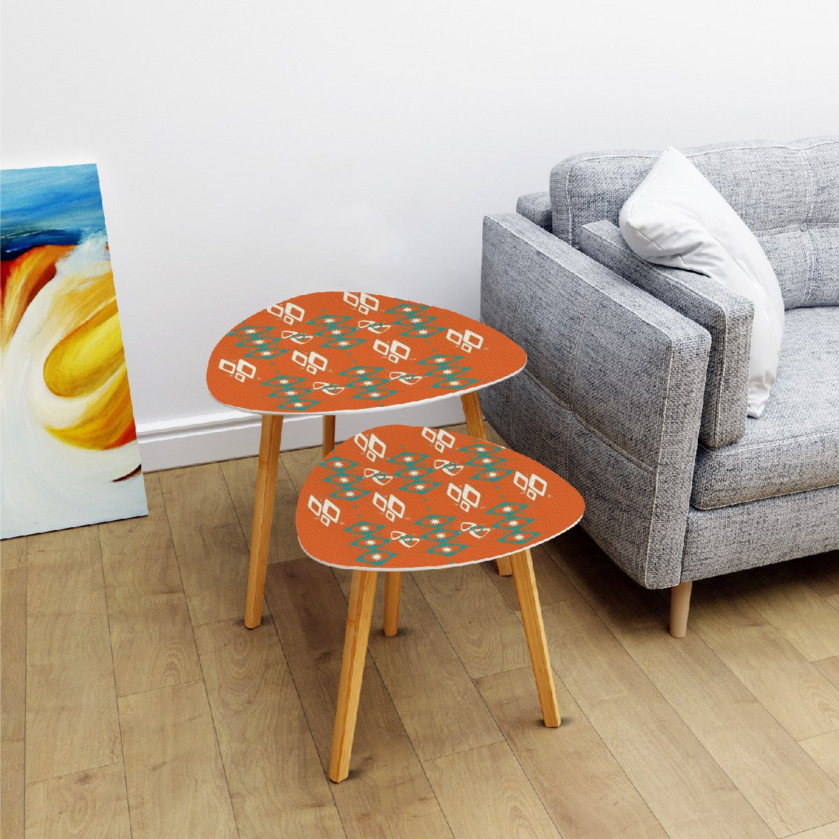 Mid Century Modern Furniture, Sinatra Orange, Teal Geometric Mid Mod Nesting Tables - Mid Century Modern Gal