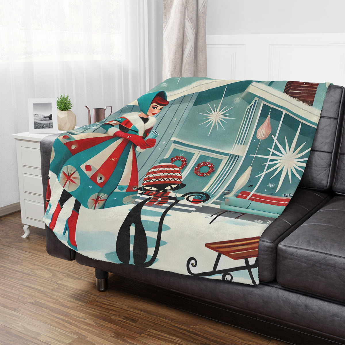 Atomic Cat Mid Century Modern Winter Haven, Vintage Christmas Sherpa Fleece Blanket - Cozy Winter Decor - Mid Century Modern Gal