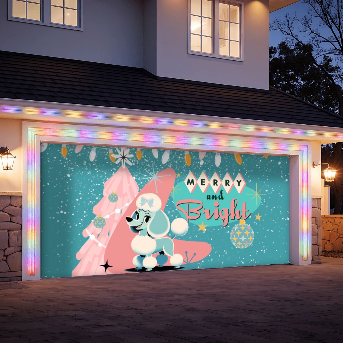 50s Christmas Holiday Kitsch, Aqua Blue, Pink 50s Mod Dog Poodle Merry and Bright Garage Door Banner Backdrop - Mid Century Modern Gal
