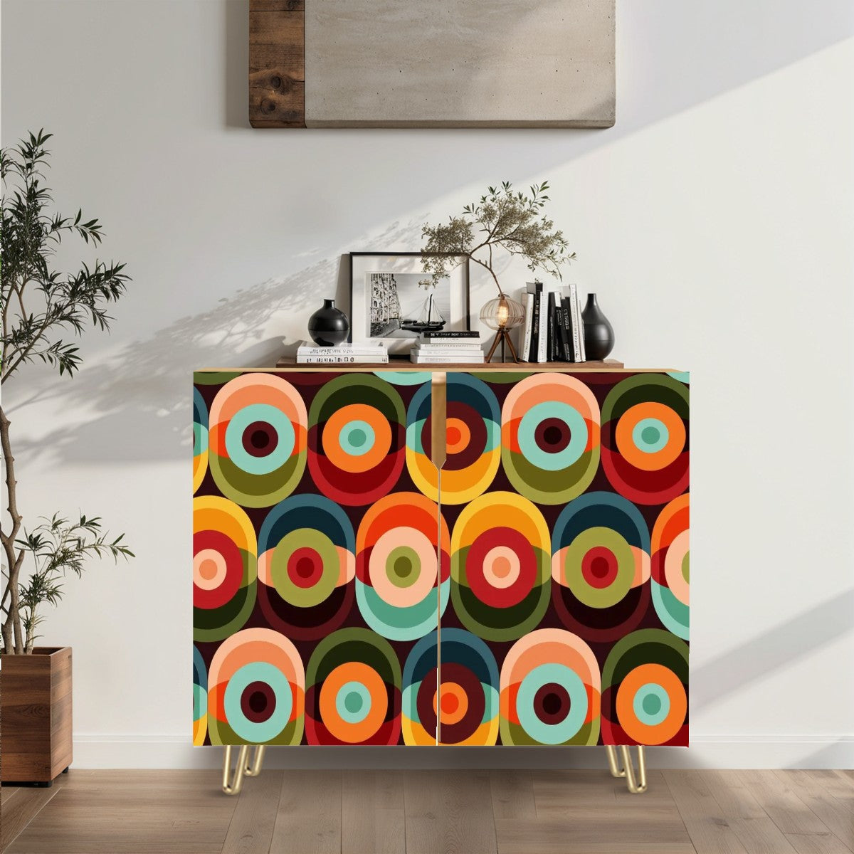 Mid Century Modern Groovy Mod Space Orbs Wooden Storage Cabinet - Mid Century Modern Gal