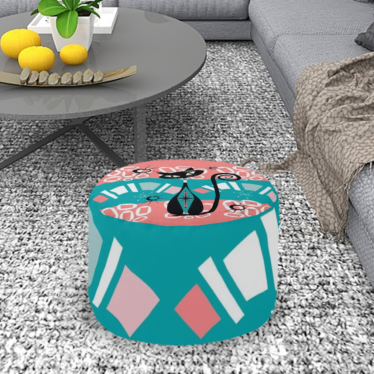 Mid Century Modern Round Pouf Ottoman, Atomic Cat Motif, Coral, Aqua, Mod Furniture