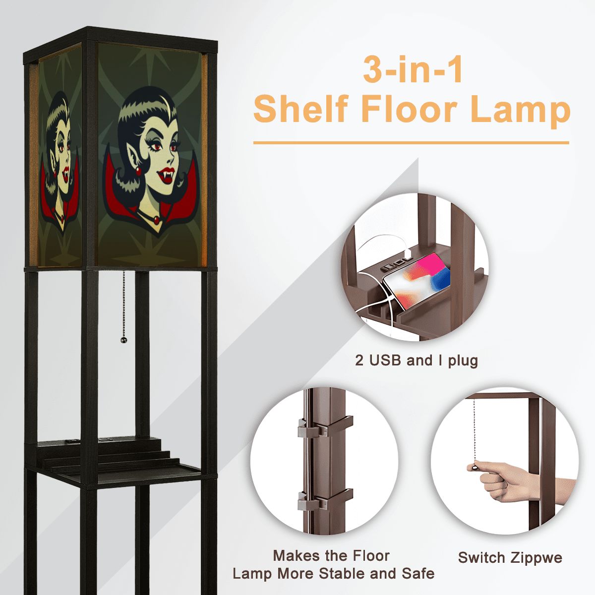 Vampire Dracula Girl Halloween Goth Horror Buff MCM Green Floor Lamp with Shelves - Mid Century Modern Gal