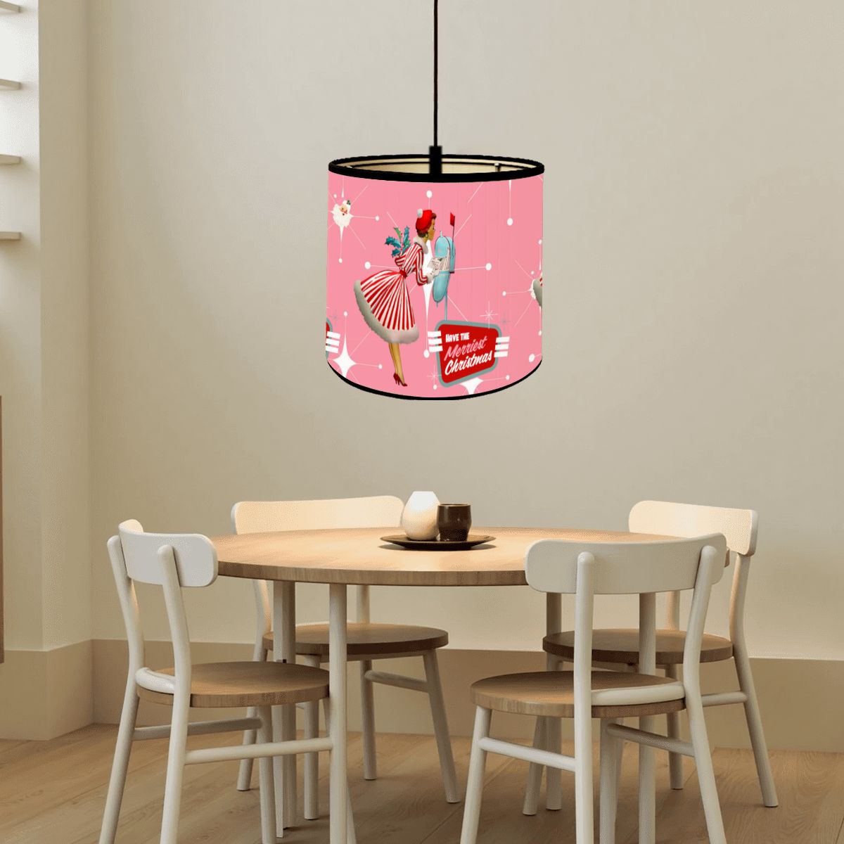 Kitschy Mid Mod Christmas Bamboo Drum Lampshade, Atomic Pink, Retro Santa Holiday Accent Shade - Mid Century Modern Gal
