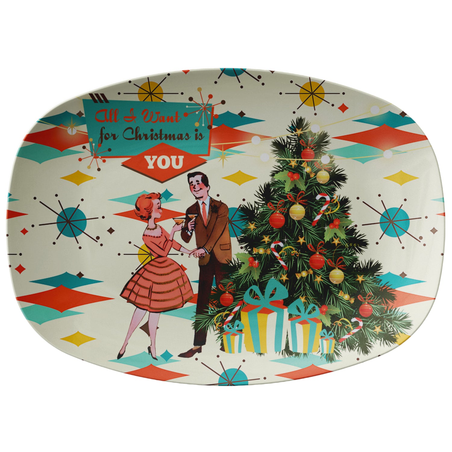 All I Want For Christmas Is You, MCM Kitschy Modern Couple Party Platter Gift - Mid Century Modern Gal