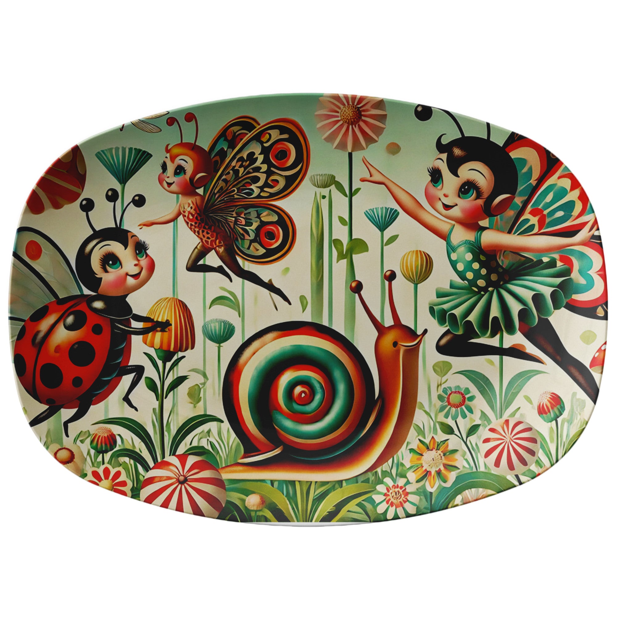 Anthropomorphic Pixies 1950s Garden Bugs, Mid Century Modern Platter - Mid Century Modern Gal