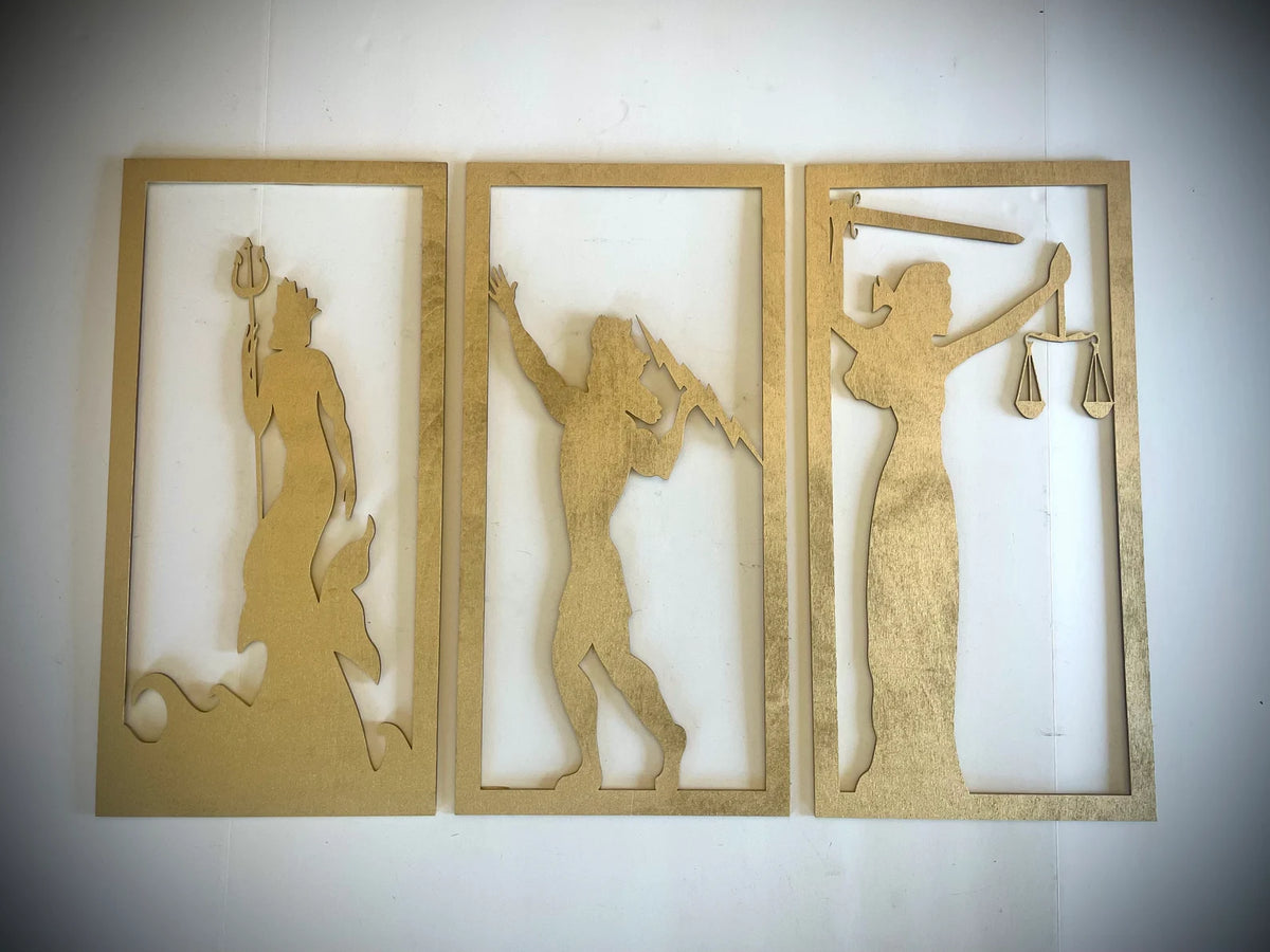 Art Deco Style Greek God - Poseidon, Zeus, Themis - 3-Panel Wood Wall Art - Mid Century Modern Gal