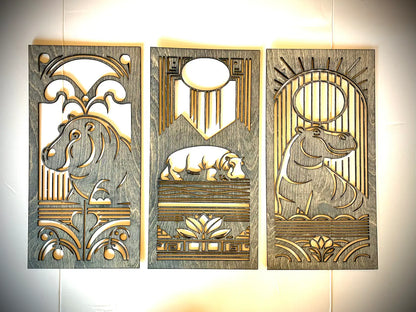 Art Deco Style Hippopotamus Triptych 3-Panel Wood Wall Art