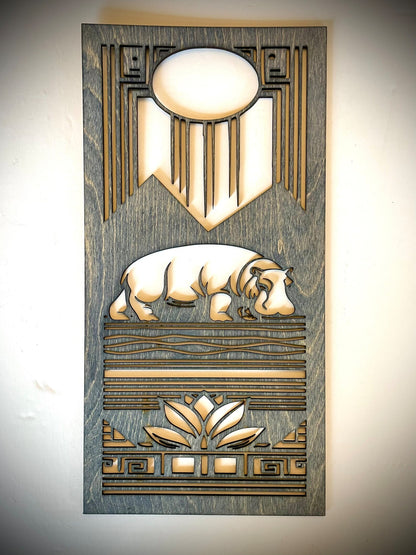 Art Deco Style Hippopotamus Triptych 3-Panel Wood Wall Art