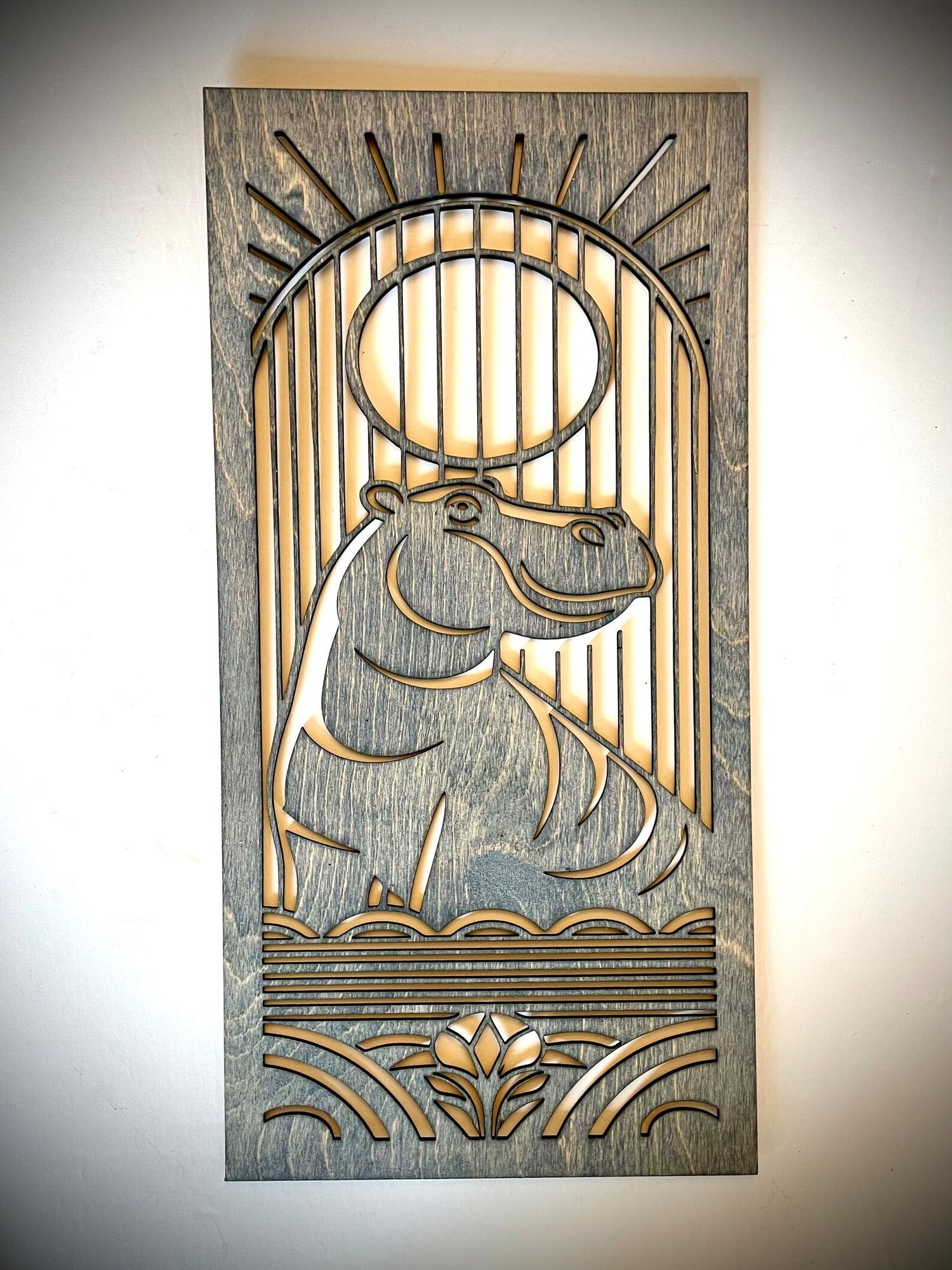 Art Deco Style Hippopotamus Triptych 3-Panel Wood Wall Art
