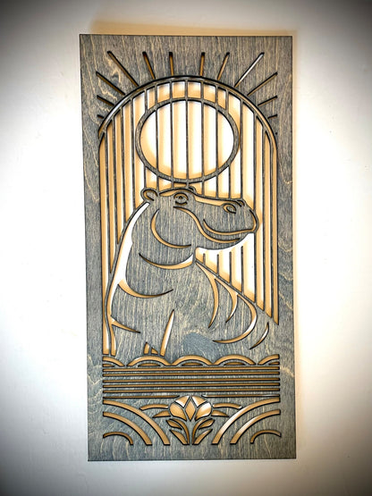 Art Deco Style Hippopotamus Triptych 3-Panel Wood Wall Art