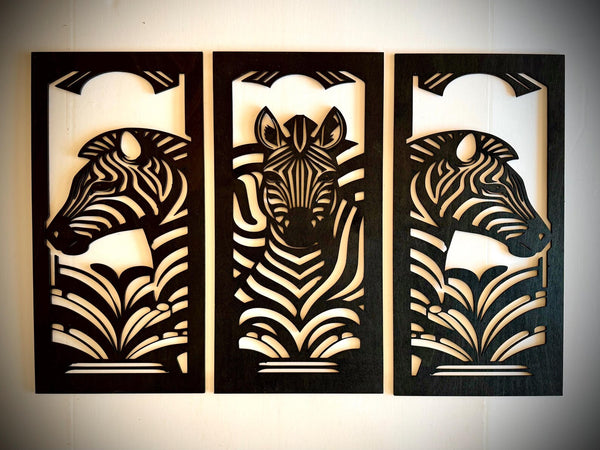 Art Deco Style Zebra 3-Panel Wood Wall Art