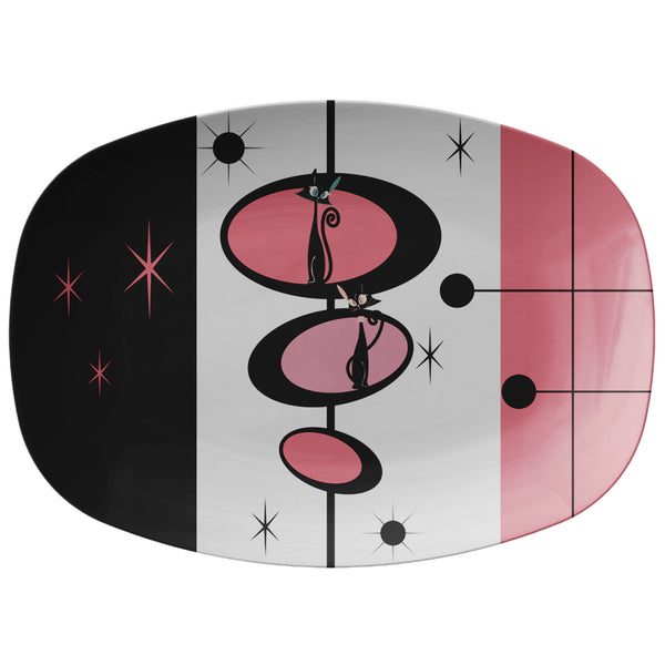 Atomic Cat Kitchen Mid Mod Party Platter, Black, Pink, White, Kitschy Retro Party Plate