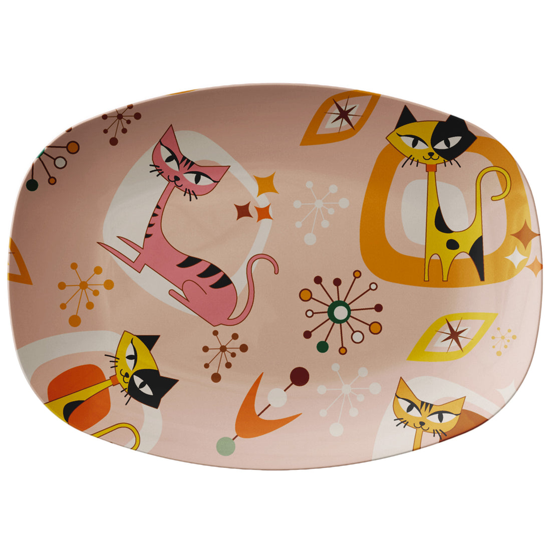 Atomic Cat Mid Century Modern Party Platter, Outdoor Patio Dinnerware, 50s Kitsch, Geometric Pink, Starburst MCM Table Tray - Mid Century Modern Gal