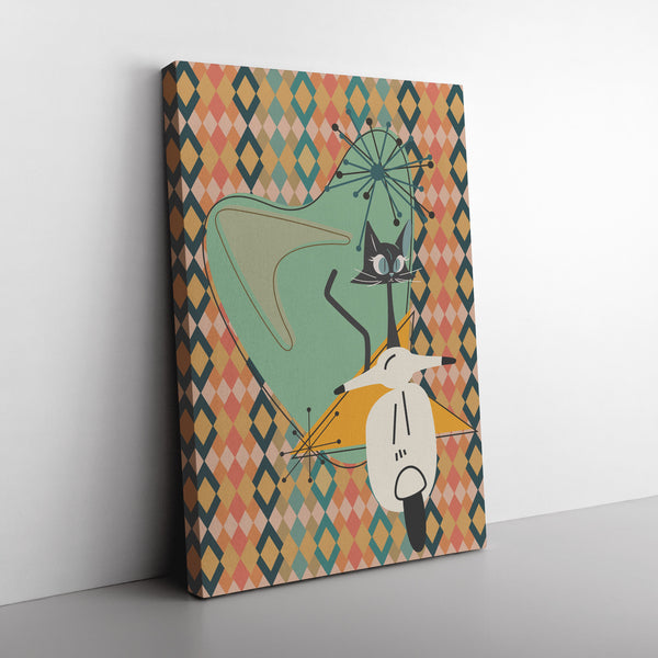 Atomic Cat Mid Century Modern Wall Art, Kitschy Moped, Atomic Boomerang Retro Art