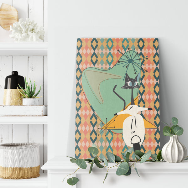 Atomic Cat Mid Century Modern Wall Art, Kitschy Moped, Atomic Boomerang Retro Art