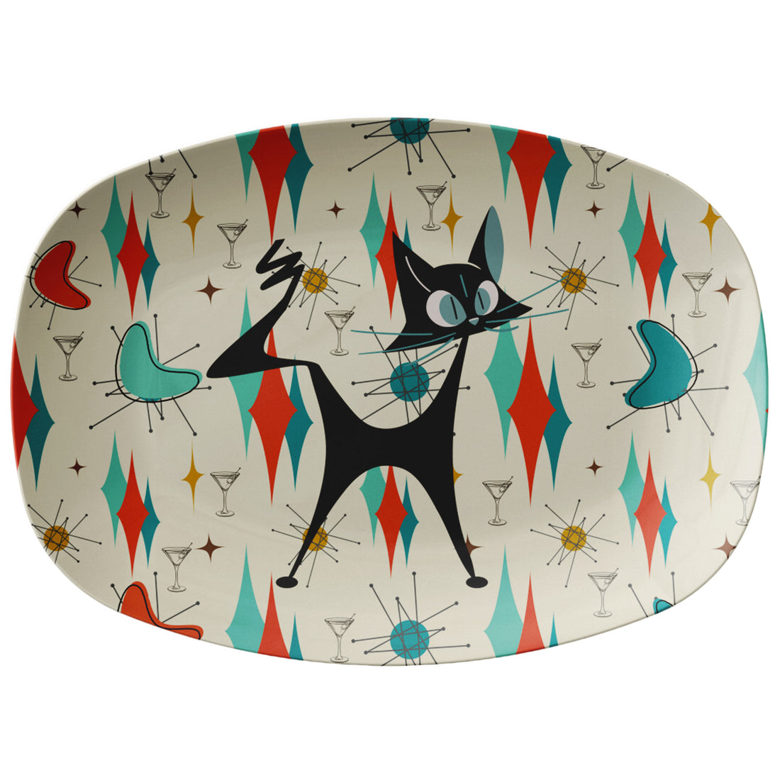 Atomic Cat Platter, Tini Time Cocktail Hour Mid Century Modern Barware Party Platter - Mid Century Modern Gal