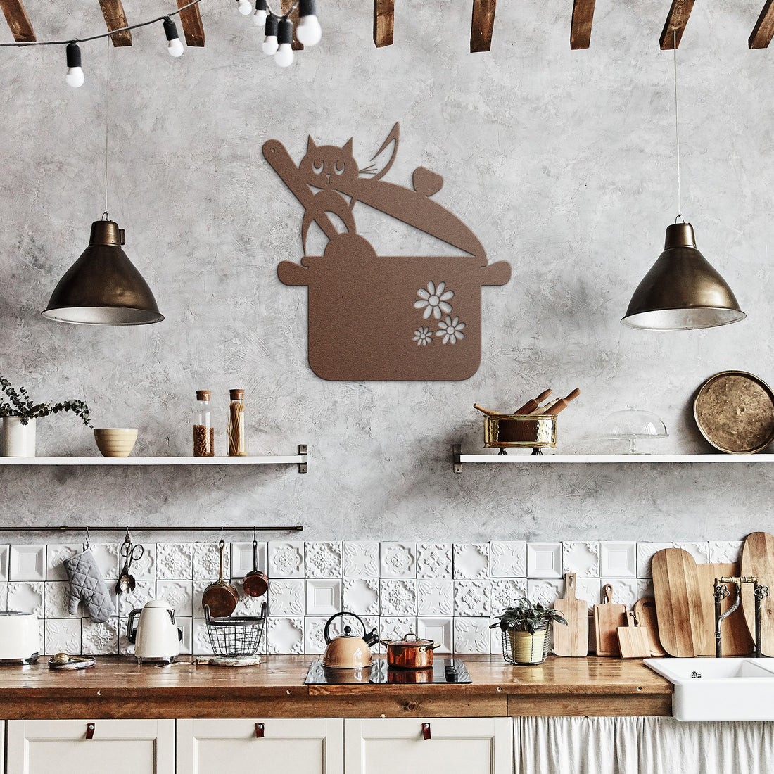 Atomic Cat, Retro Kitchen Wall Art, Mod Daisy Pot, Quirky Cat, Housewarming, New Home Gift Idea