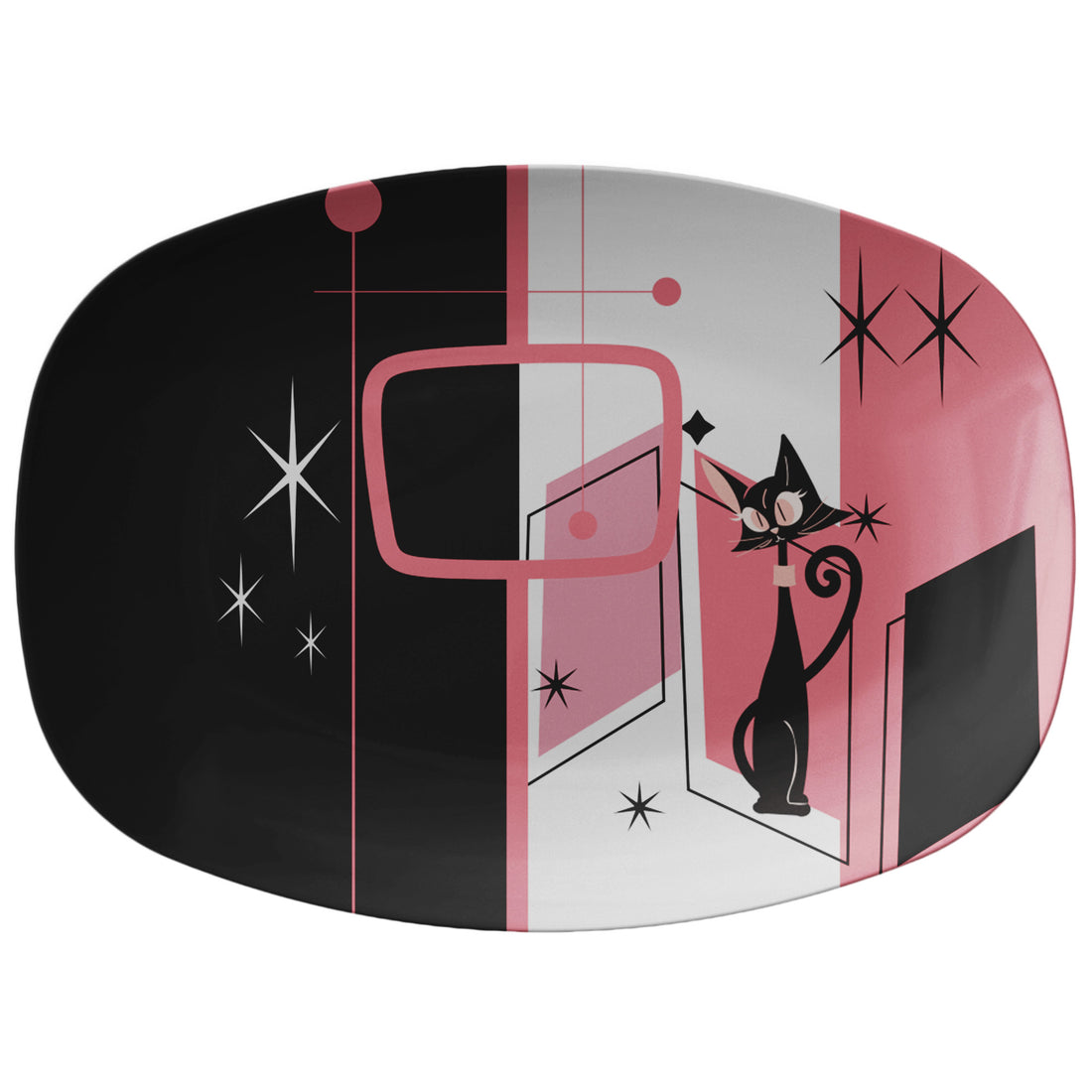 Atomic Kitchen Space Age Cats, Pink, Black, Kitschy Mid Century Mod Party Platter - Mid Century Modern Gal