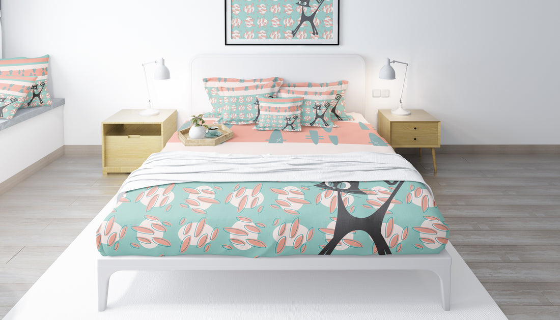 50s Nostalgic Atomic Cat Mid Century Modern Aqua, Coral Pink Peach, Kitschy Mid Century Modern  Duvet Cover