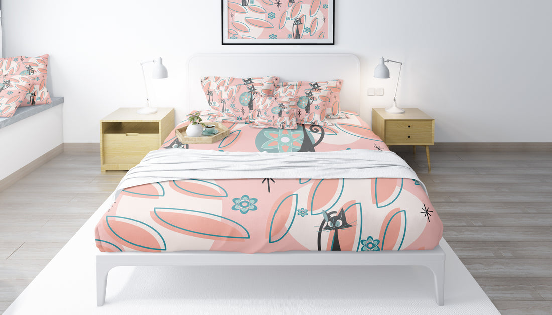 Atomic Cat Mid Century Modern Bedding, Coral Peach, Kitschy Abstract, Atomic Space, MCM Kitschy 50s Duvet Cover