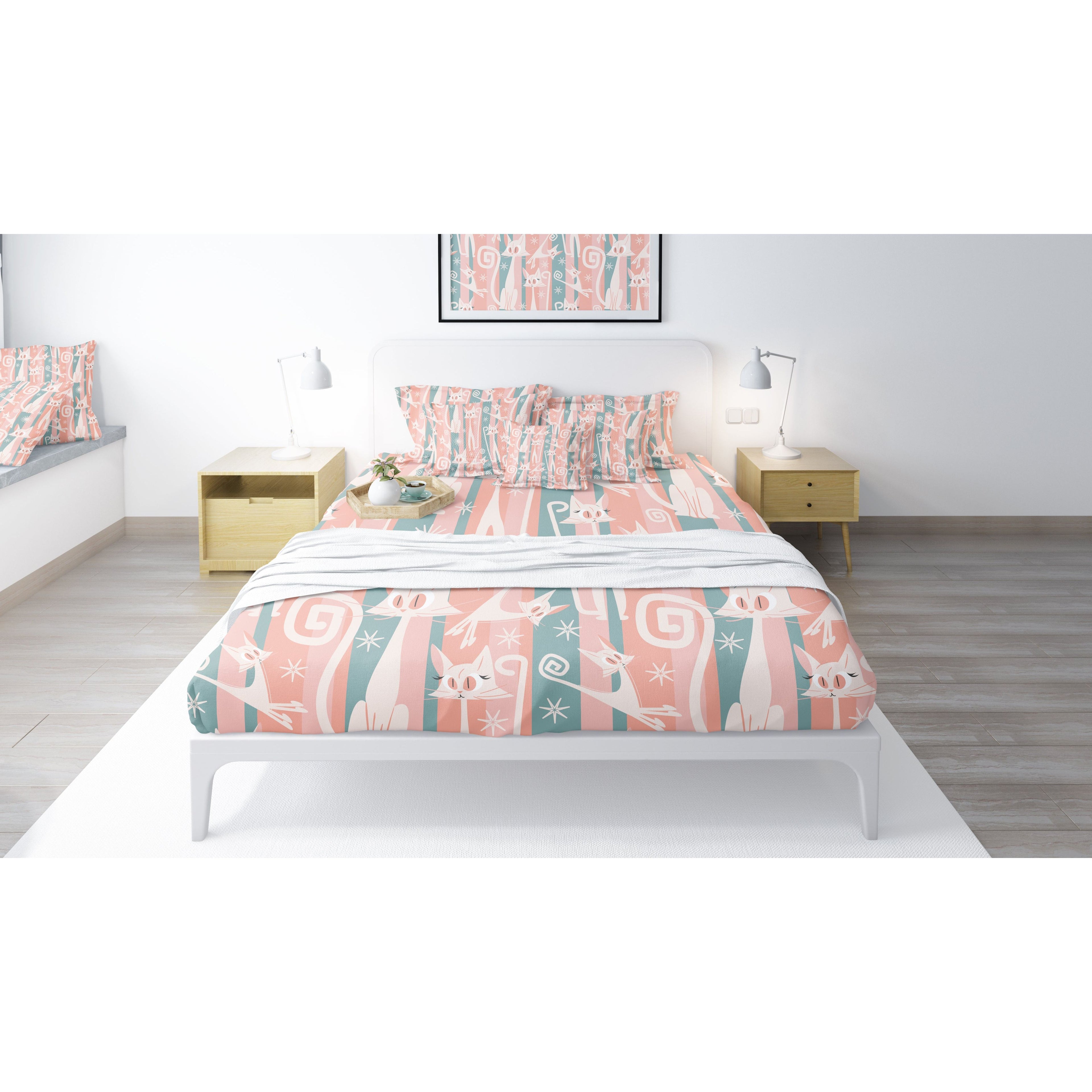 Atomic Cat Bedding, Pink, Aqua Kitschy White Kitties, Mid Century Modern Fun Quirky Duvet