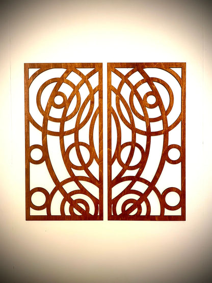 Boho Modern Frank Lloyd Wright-Inspired Art Deco Circles 2-Panel Wood Wall Art, Set O