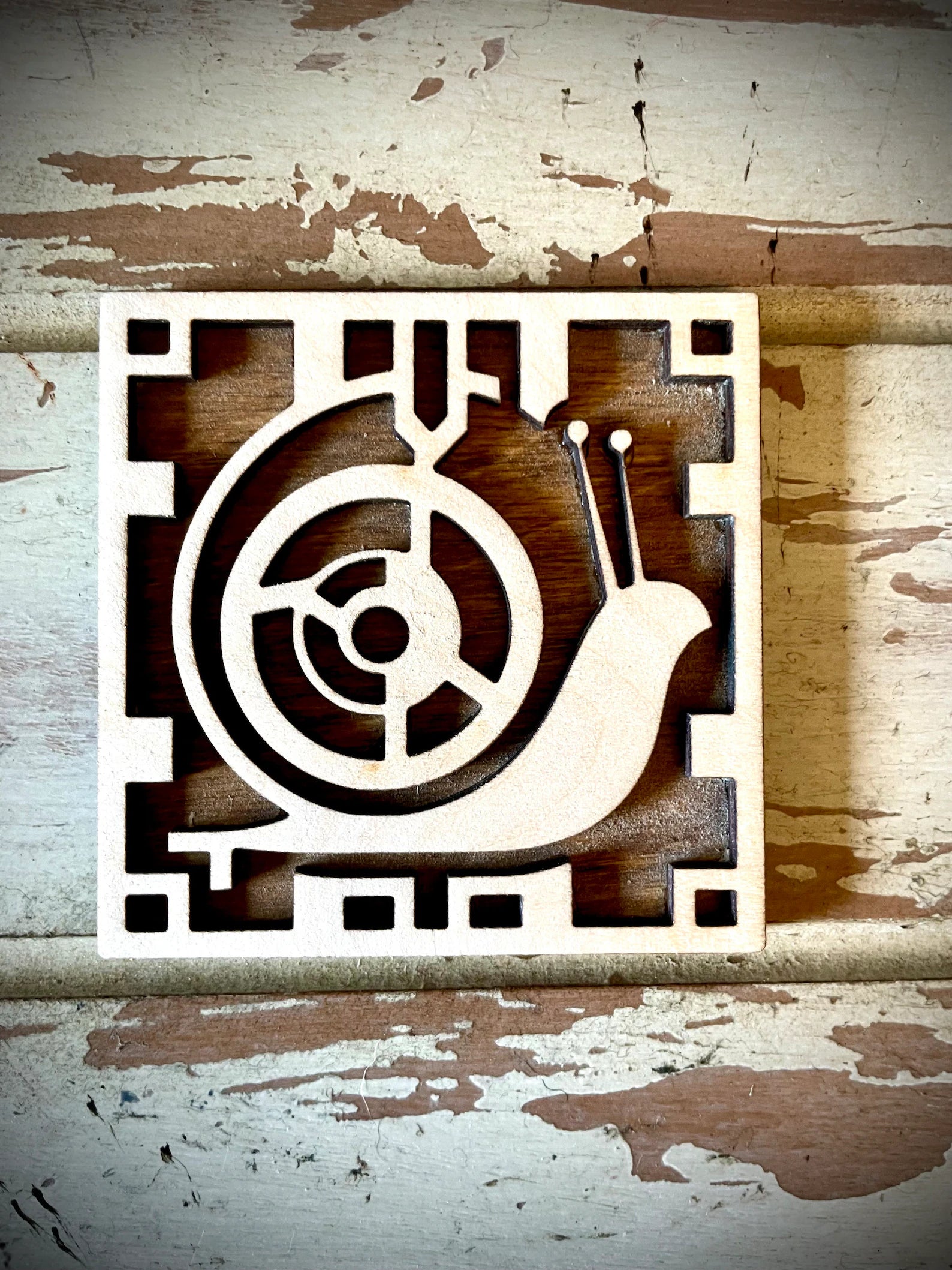 Boho Modern Art Deco Banana Slug 2-Layer Square Wood Art - In Magnet or Larger Sizes