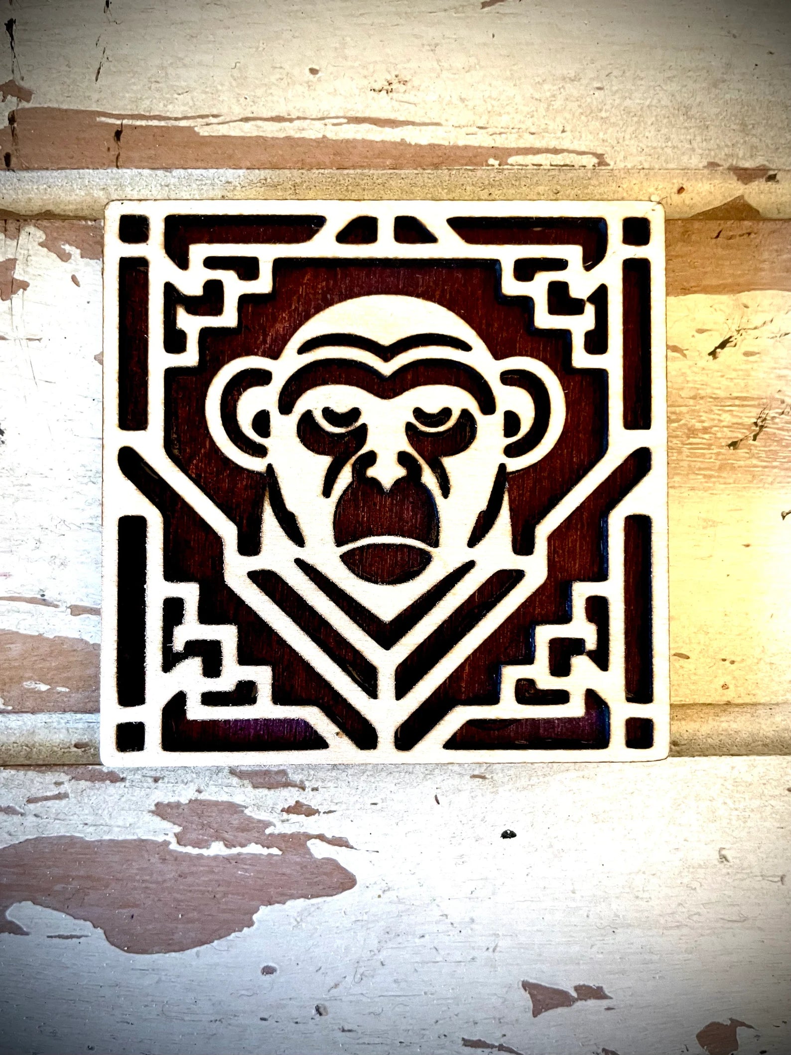 Boho Modern Art Deco Chimpanzee 2-Layer Square Wood Art - In Magnet or Larger Sizes