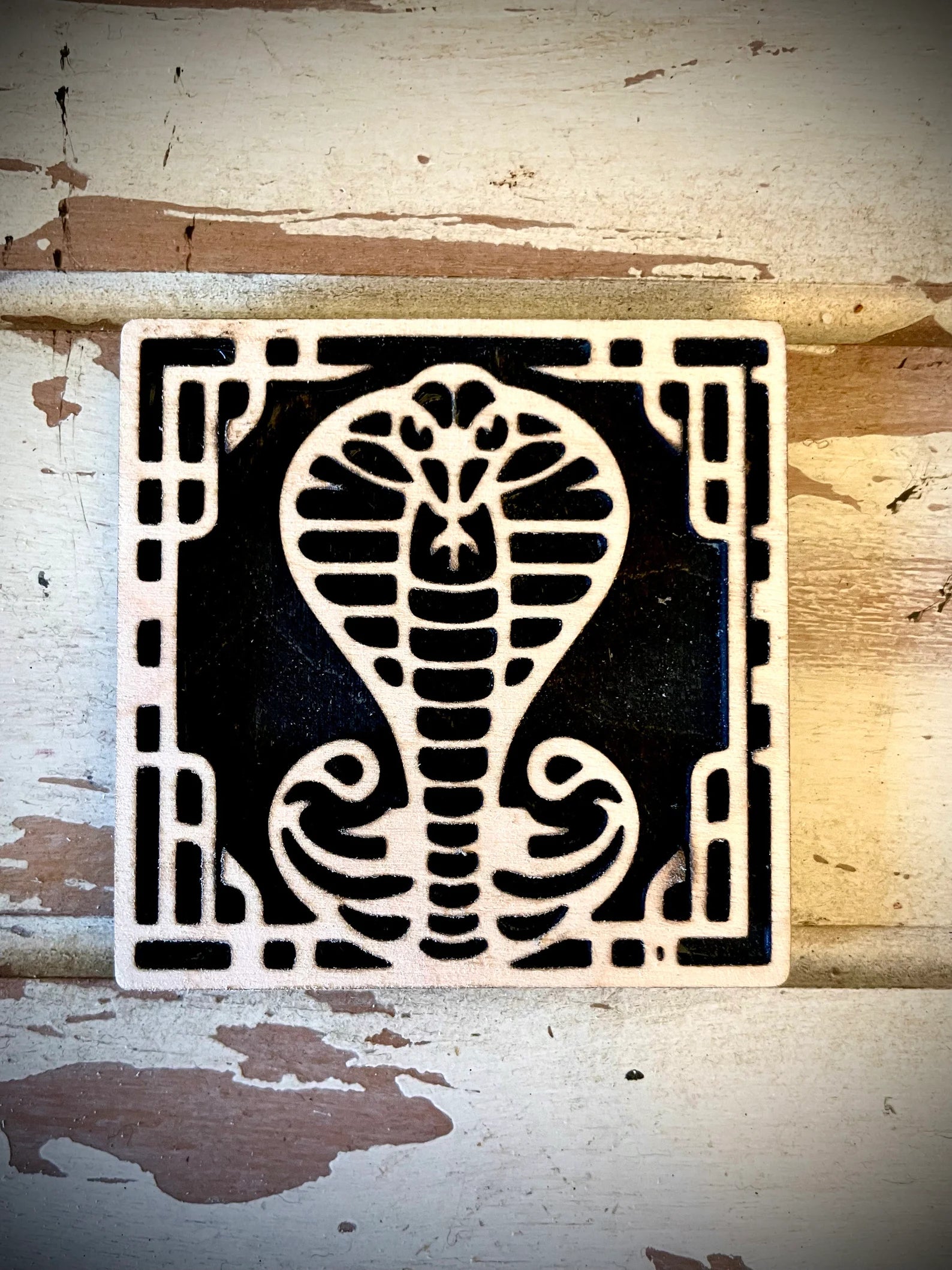 Boho Modern Art Deco Cobra 2-Layer Square Wood Art - In Magnet or Larger Sizes