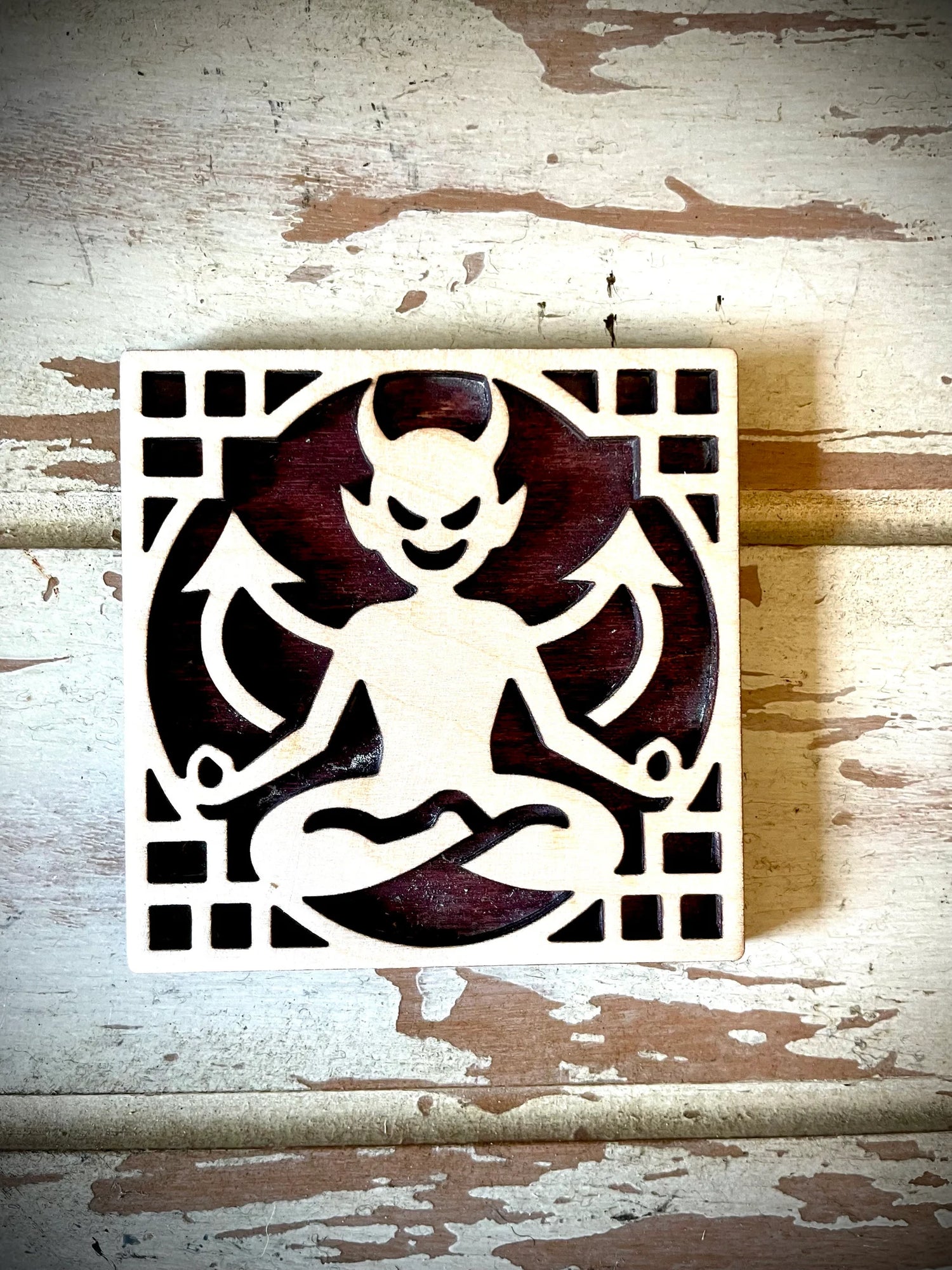 Boho Modern Art Deco Devil Doing Yoga Pose 2-Layer Square Wood Art - In Magnet or Larger Sizes